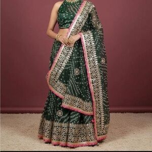 Dark Green Embroidered Maxi Lehenga with Pink Trim